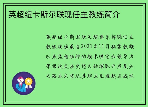 英超纽卡斯尔联现任主教练简介