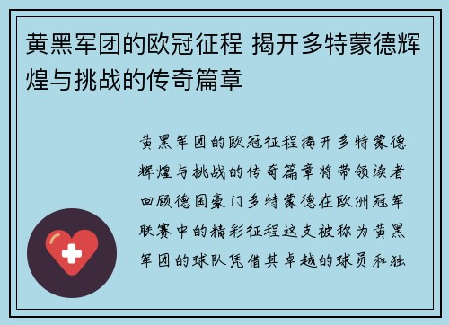 黄黑军团的欧冠征程 揭开多特蒙德辉煌与挑战的传奇篇章