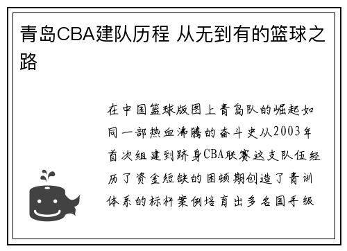 青岛CBA建队历程 从无到有的篮球之路