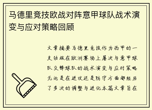 马德里竞技欧战对阵意甲球队战术演变与应对策略回顾
